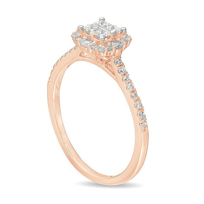 0.38 ct. Gesamtgewicht Verlobungsring mit Diamanten im Princess- und Rundschliff, Halo, in 10K Roségold
