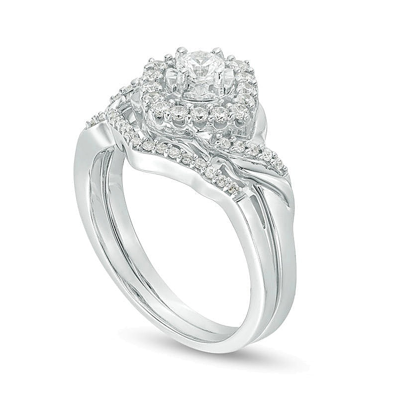 0,5 ct. Gesamtgewicht Diamant-Brautset mit gedrehtem, geneigtem Quadrat-Rahmen in rhodiniertem Sterlingsilber