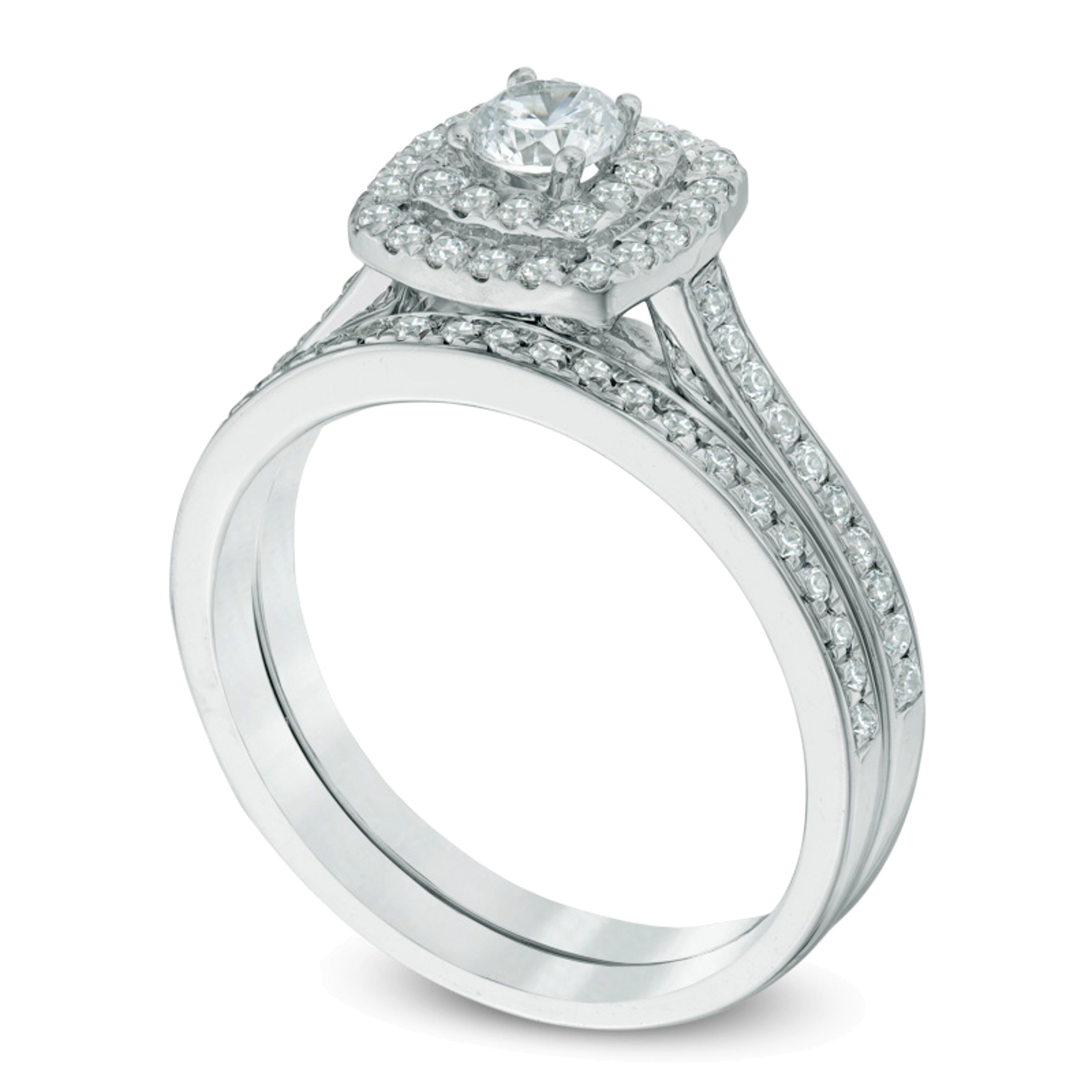 0.75 ct. Gesamtgewicht Diamant Brautset mit doppeltem quadratischem Rahmen in 10K Weißgold