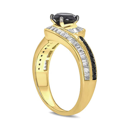 6.0mm schwarzer Saphir und 0,5 ct. Gesamtgewicht schwarzer und weißer Diamant Halo Bypass Verlobungsring in 10K Gelbgold