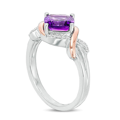 7,0 mm Amethyst im Kissenschliff und Diamant mit 0,04 ct. Gesamtgewicht Ring in Sterlingsilber und 10K Roségold