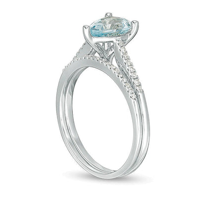 Braut-Set mit tropfenförmigem Aquamarin und Diamant 0,13 ct. Gesamtgewicht in 10K Weißgold