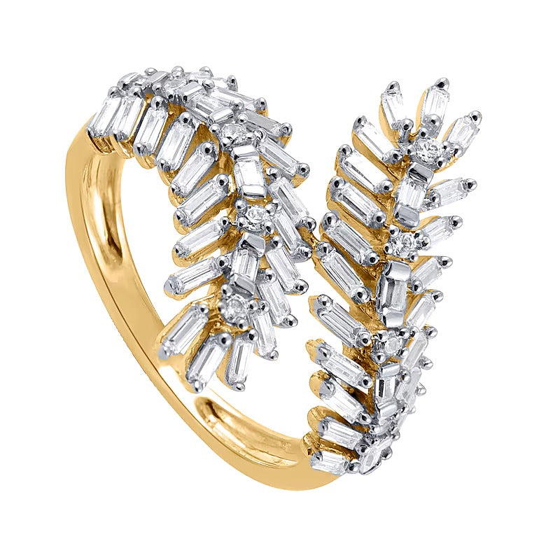 0,75 ct. Gesamtgewicht Blätter-Wickelring mit Baguette-Diamanten in 10K Gelbgold