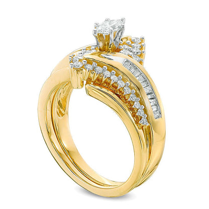 0,75 ct. Gesamtgewicht Braut-Set mit Diamanten im Marquise- und Baguette-Schliff in 14K Gelbgold