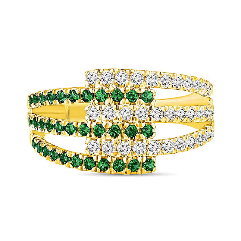 Fashion-Ring mit Smaragd und 0,5 ct. Gesamtgewicht Diamanten, mehrreihig mit offener Ringschiene, in 10K Gelbgold