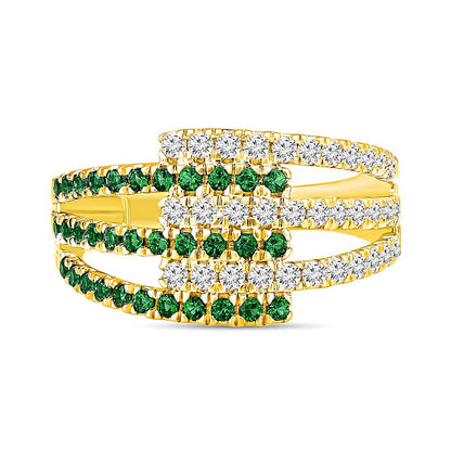 Fashion-Ring mit Smaragd und 0,5 ct. Gesamtgewicht Diamanten, mehrreihig mit offener Ringschiene, in 10K Gelbgold