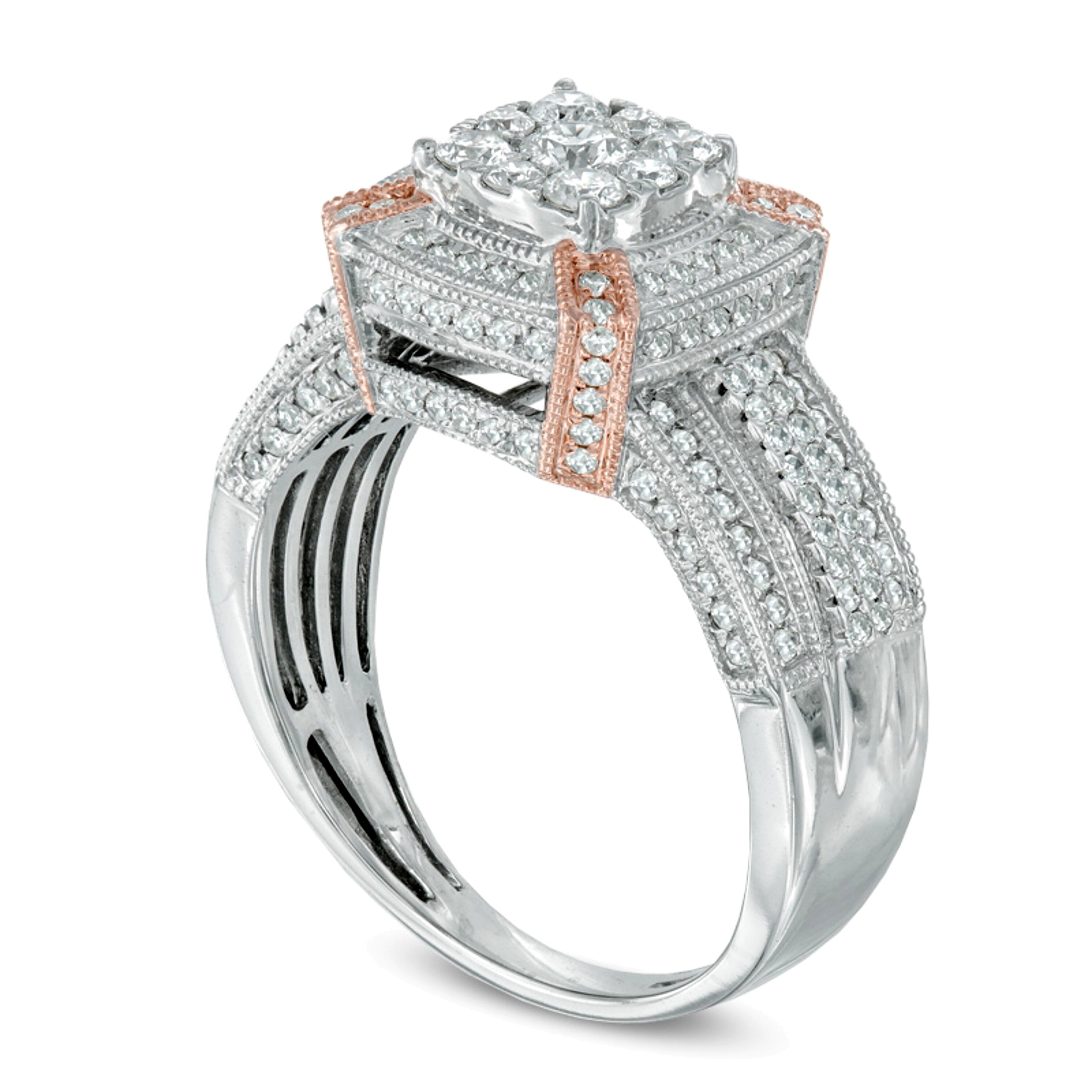 Verlobungsring im Vintage-Stil mit Diamanten 1.0 ct. Gesamtgewicht, quadratischer Rahmen, in 10K Gold zweifarbig