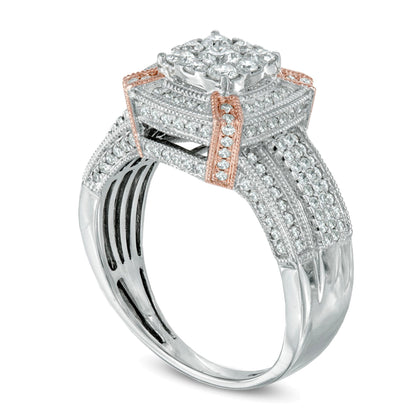 Verlobungsring im Vintage-Stil mit Diamanten 1.0 ct. Gesamtgewicht, quadratischer Rahmen, in 10K Gold zweifarbig