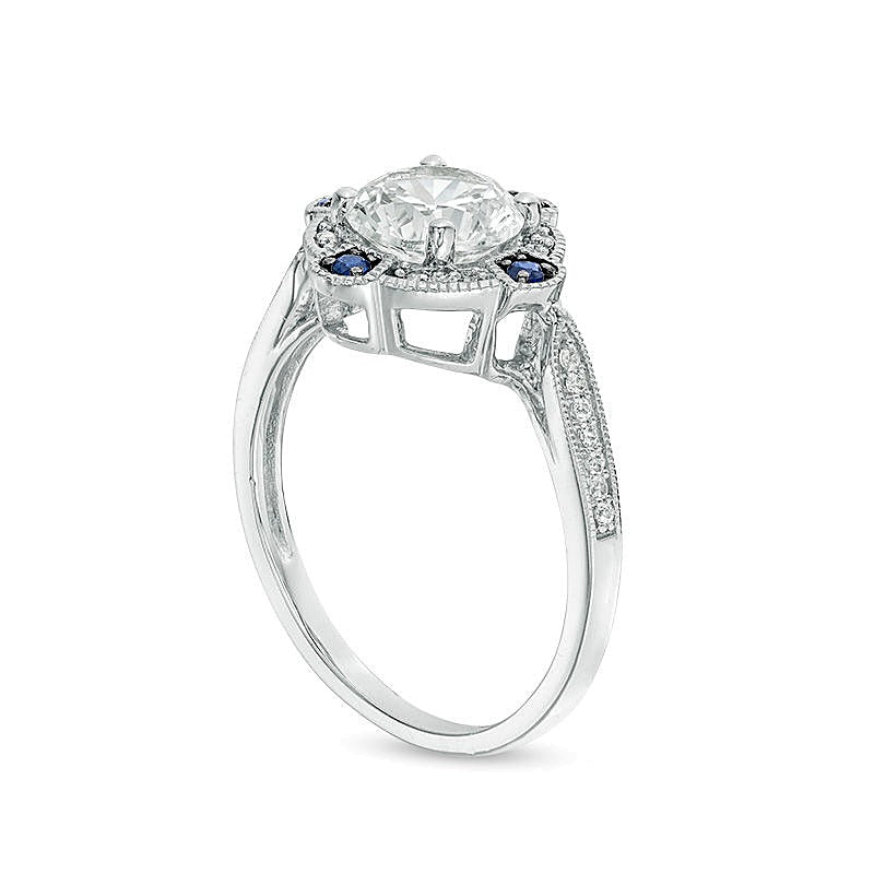 Halo-Ring im Vintage-Stil mit weißem und blauem Saphir (Labor) und Diamant 0,13 ct. Gesamtgewicht in rhodiniertem Sterlingsilber