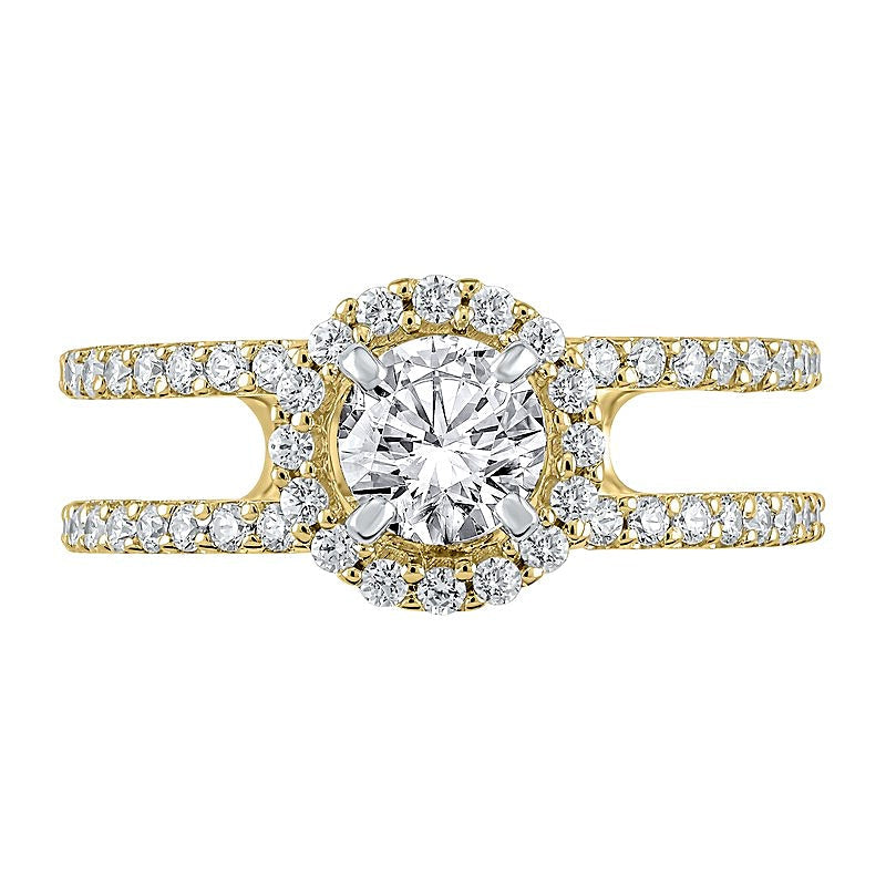 1.2 CT. Gesamtgewicht Diamant Halo-Verlobungsring mit doppelreihiger offener Schiene in 14K Gelbgold (I/I2)