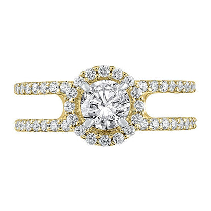 1.2 CT. Gesamtgewicht Diamant Halo-Verlobungsring mit doppelreihiger offener Schiene in 14K Gelbgold (I/I2)