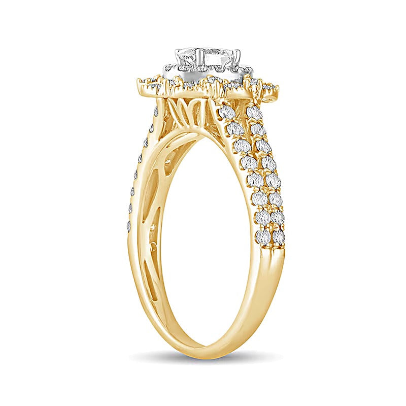 1.0 CT. Gesamtgewicht Verlobungsring im Vintage-Stil mit ovalem Diamant und doppeltem Halo aus 14K Gelbgold