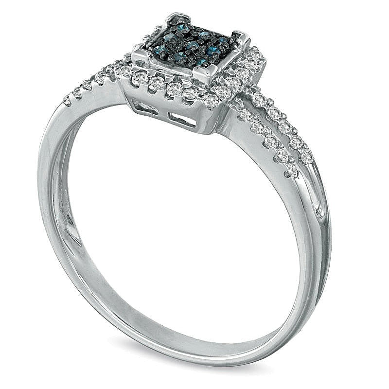 0,25 ct. Gesamtgewicht behandelter blauer und weißer Diamant Fashion-Ring mit quadratischem Rahmen und geteilter Schiene in 10K Weißgold