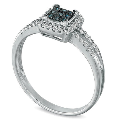 0,25 ct. Gesamtgewicht behandelter blauer und weißer Diamant Fashion-Ring mit quadratischem Rahmen und geteilter Schiene in 10K Weißgold