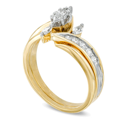 0.5 ct. Gesamtgewicht Dreistein-Brautset mit Diamanten im Marquise-Schliff in 10K Gelbgold