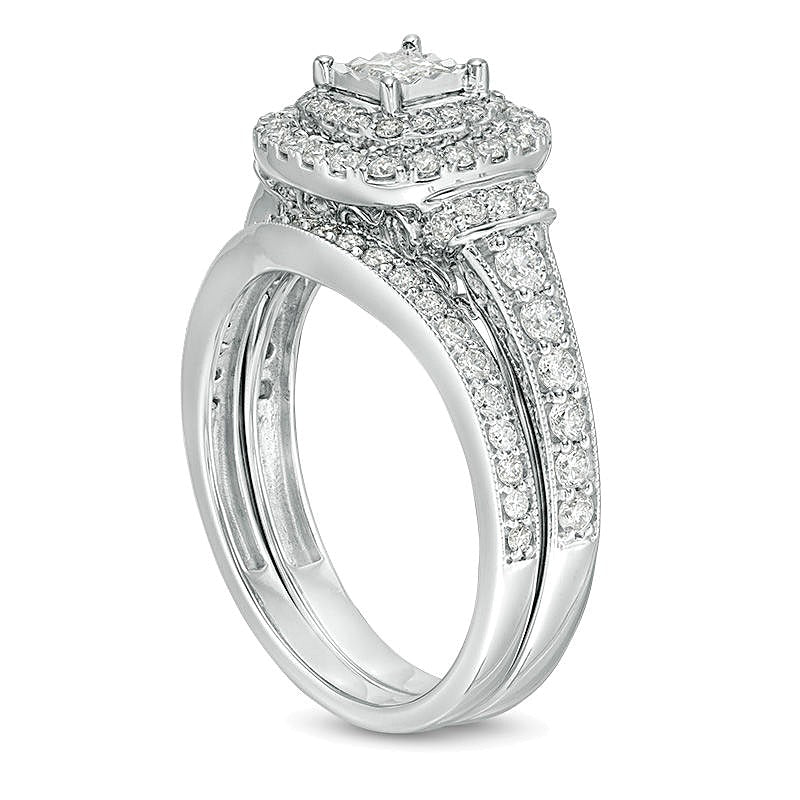 Braut-Set mit Diamanten im Princess- und Rundschliff, Vintage-Stil mit doppeltem Rahmen, 1.0 ct. Gesamtgewicht in 10K Weißgold