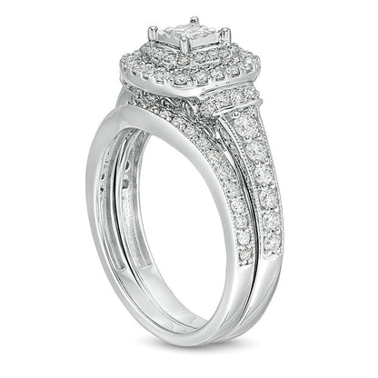 Braut-Set mit Diamanten im Princess- und Rundschliff, Vintage-Stil mit doppeltem Rahmen, 1.0 ct. Gesamtgewicht in 10K Weißgold