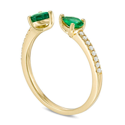 Ring mit tropfenförmigem Smaragd und Diamant-Besatz mit offener Ringschiene in 14K Gelbgold
