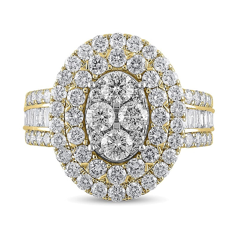 2.5 CT. Gesamtgewicht Verlobungsring mit ovalem Multi-Diamant-Besatz und doppeltem Rahmen in 10K Gelbgold