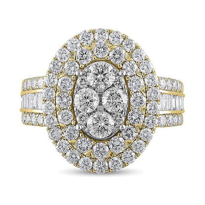 2.5 CT. Gesamtgewicht Verlobungsring mit ovalem Multi-Diamant-Besatz und doppeltem Rahmen in 10K Gelbgold