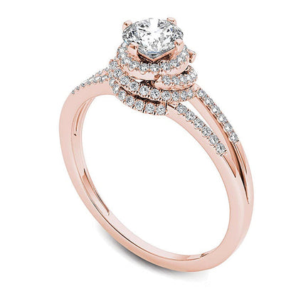 0.75 ct. Gesamtgewicht Diamant Halo Verlobungsring mit geteilter Schiene in 14K Roségold