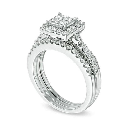 Braut-Set mit Princess- und rund geschliffenen Diamanten 1.25 ct. Gesamtgewicht in 14K Weißgold