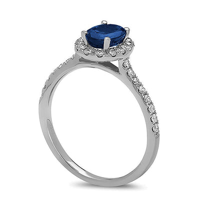 Verlobungsring mit ovalem blauem Saphir und Diamanten 0,38 ct. Gesamtgewicht als Halo in 14K Weißgold