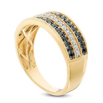 0.5 ct. Gesamtgewicht behandelter schwarzer und weißer Diamant dreireihiger Ring in 10K Gelbgold