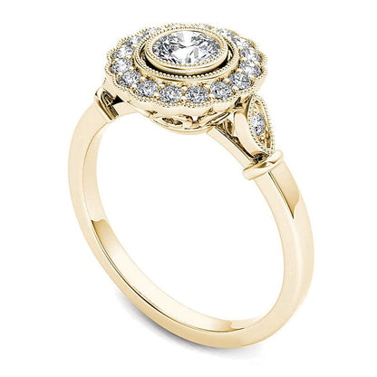 0.63 ct. Gesamtgewicht Diamant Halo Verlobungsring im Vintage-Stil in 14K Gelbgold