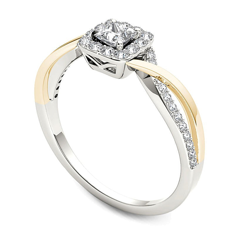0.5 ct. Gesamtgewicht Verlobungsring Halo mit Diamanten im Princess-Schliff und quadratischer Fassung in 14K Gold zweifarbig