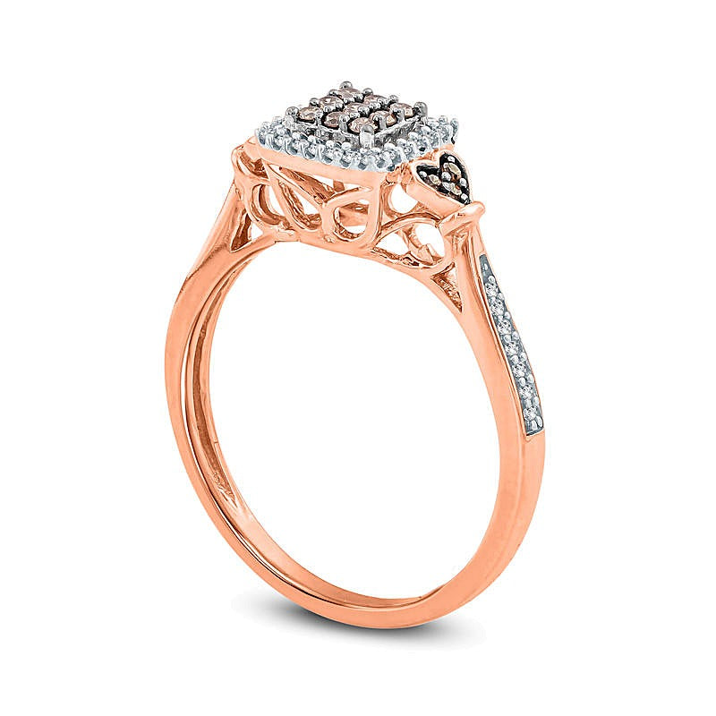 0.25 ct. Gesamtgewicht Komposit-Freundschaftsring mit champagnerfarbenen und weißen Diamanten im Kissenschliff-Rahmen und Herz-Seitensteinen in 10K Roségold