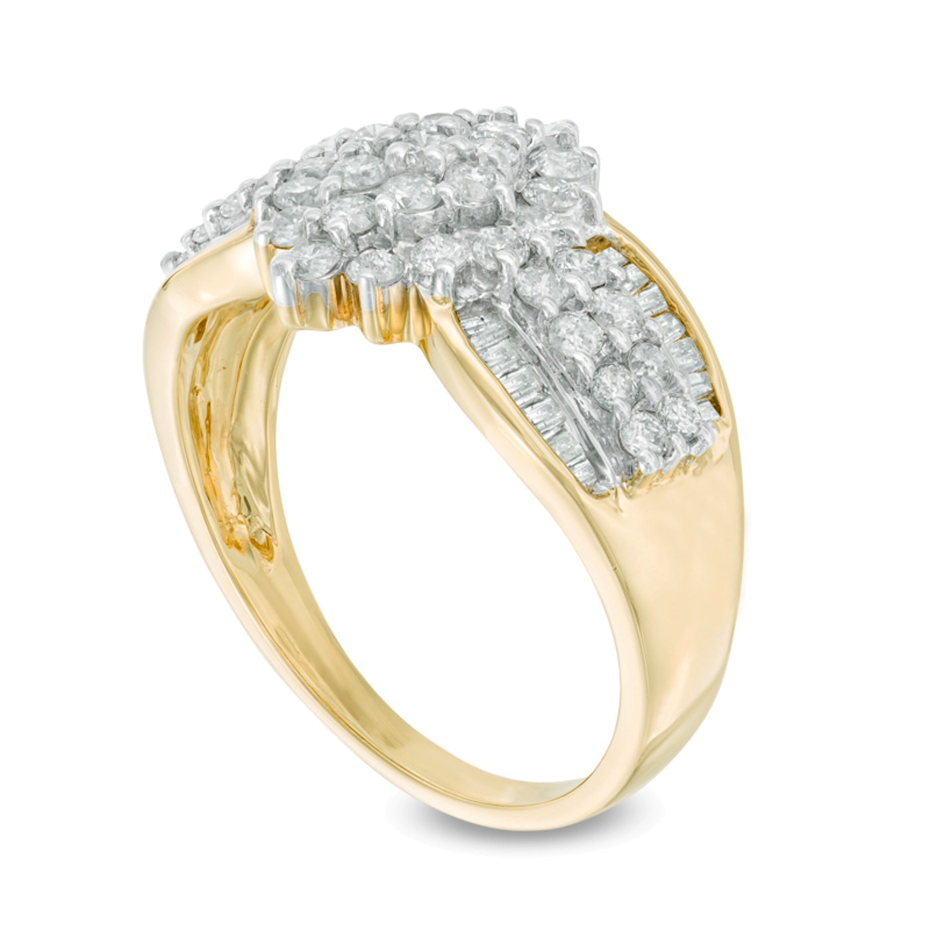 Verlobungsring mit mehreren Diamanten im runden Schliff und Baguette-Schliff, 1.0 ct. Gesamtgewicht, in 14K Gelbgold