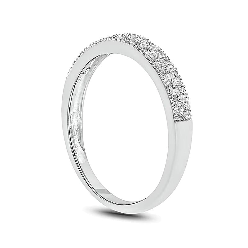 0.2 ct. Gesamtgewicht Memoire-Ring mit Diamanten im Baguette- und Rundschliff, zweireihig, in 10K Weißgold