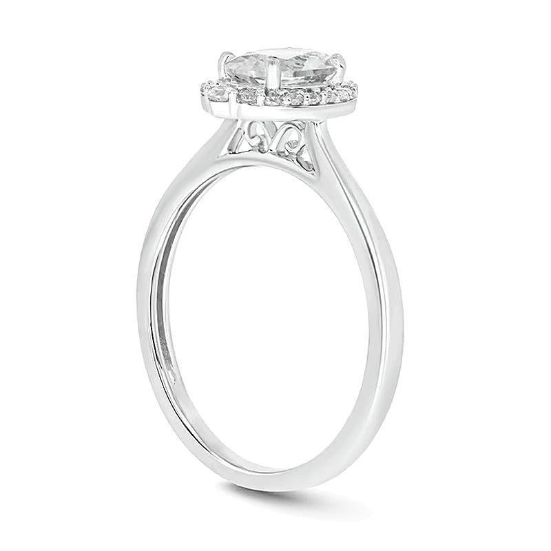 Verlobungsring mit ovalem weißem Labor-Saphir und 0,17 ct. Gesamtgewicht Diamanten in Halo-Fassung aus 10K Weißgold