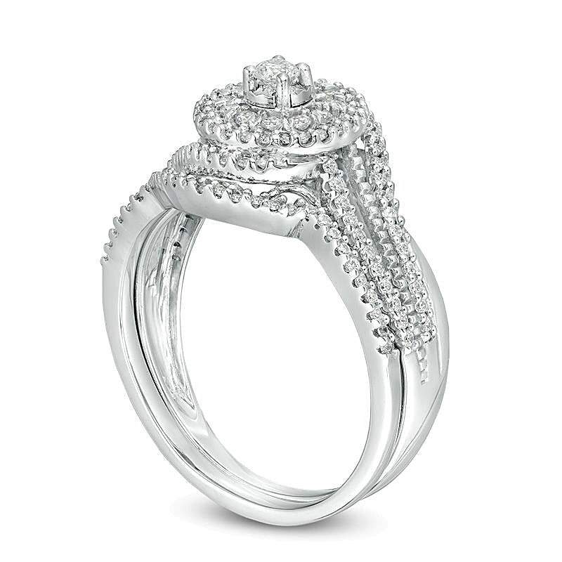 0,5 ct. Gesamtgewicht Diamant Bypass Brautset im Vintage-Stil mit doppeltem Rahmen in 10K Weißgold