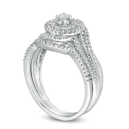 0,5 ct. Gesamtgewicht Diamant Bypass Brautset im Vintage-Stil mit doppeltem Rahmen in 10K Weißgold