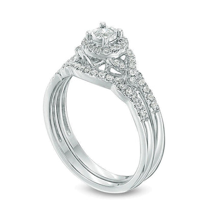 0.33 ct. Gesamtgewicht Diamant Braut-Set mit Halo und gedrehter Schiene in 10K Weißgold
