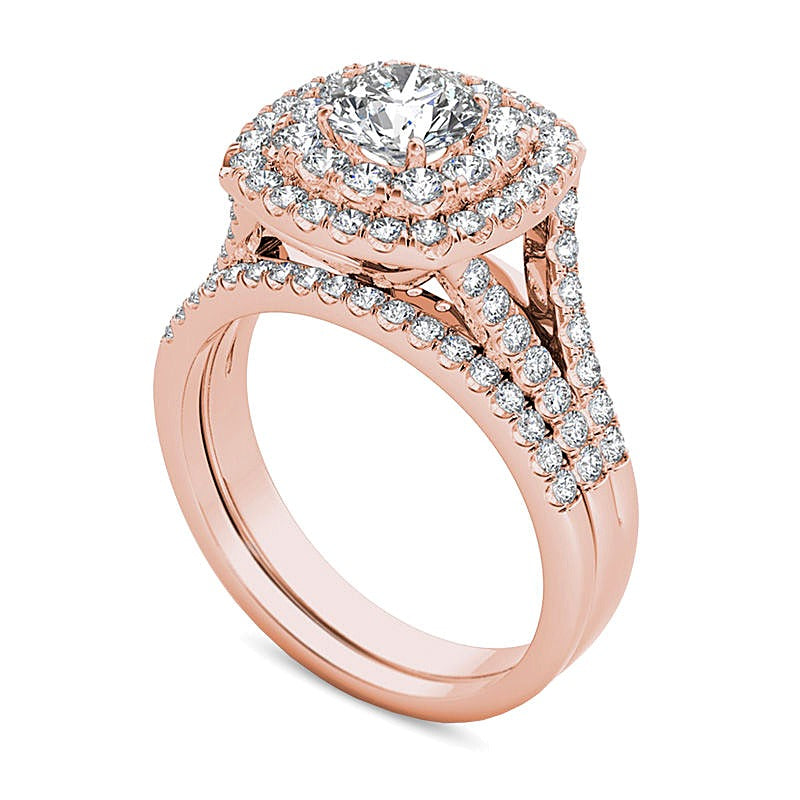 2.0 ct. Gesamtgewicht Brautset mit Diamanten in rundem und Kissenschliff, doppeltem Kissen-Rahmen und geteiltem Ringschienen-Design in 14K Roségold