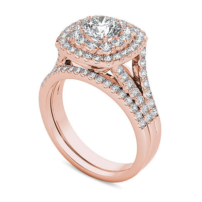 2.0 ct. Gesamtgewicht Brautset mit Diamanten in rundem und Kissenschliff, doppeltem Kissen-Rahmen und geteiltem Ringschienen-Design in 14K Roségold