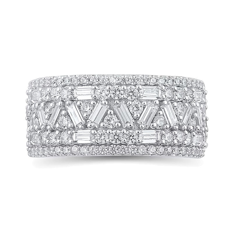1.5 ct. Gesamtgewicht Baguette- und runde Diamanten Zickzack mehrreihiger Memoire-Ring in 10K Weißgold