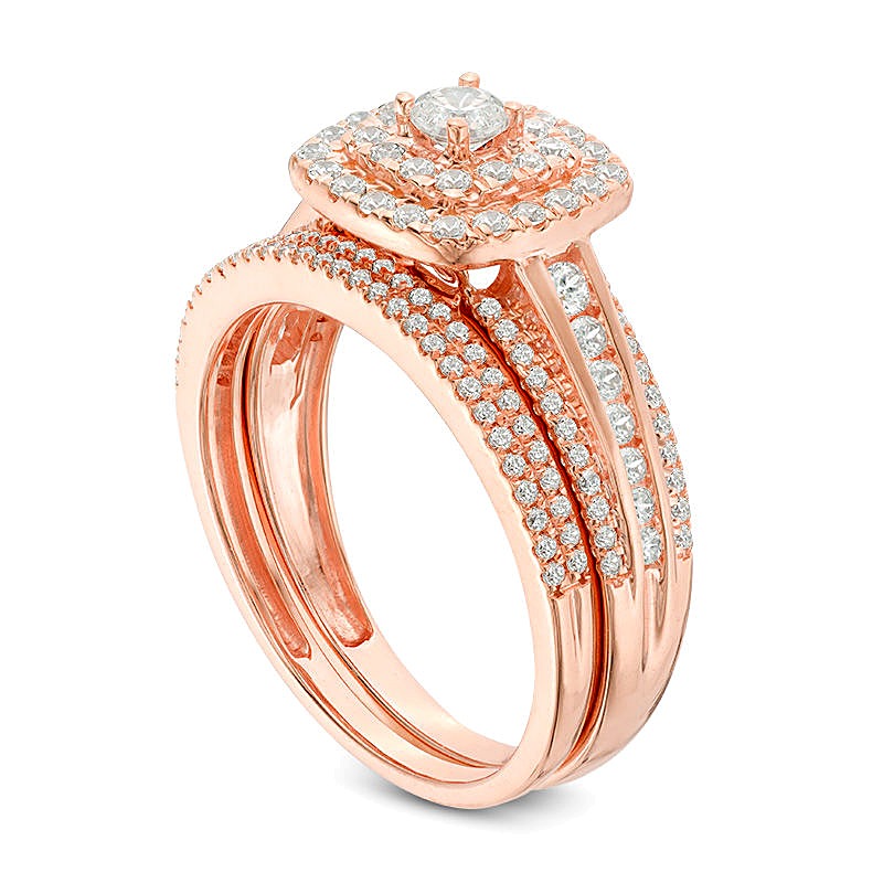 Brautset mit Diamanten im runden und Kissenschliff, 1.0 ct. Gesamtgewicht, in 10K Roségold