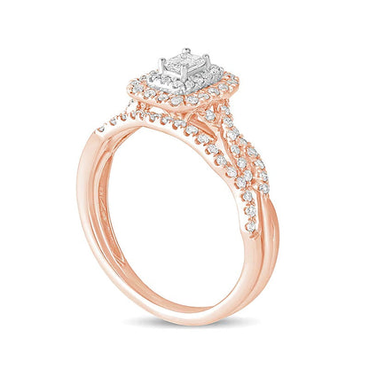 Braut-Set mit weißen Diamanten im Smaragdschliff 0.5 ct. Gesamtgewicht mit doppeltem Rahmen und mehrreihig in 10K Roségold