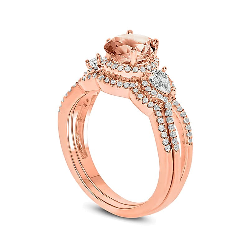6,0 mm Morganit, weißer Topas und Diamant 0,33 ct. Gesamtgewicht Dreistein-Brautset in 10K Roségold
