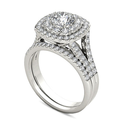 2.0 ct. Gesamtgewicht Diamant-Brautset mit doppeltem Kissenschliff-Rahmen und geteiltem Ringschenkel in 14K Weißgold