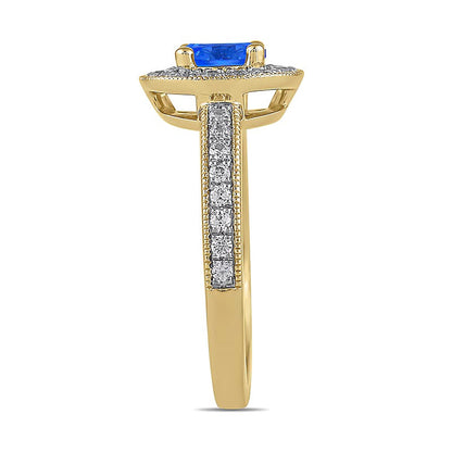 6,0 mm blauer Saphir und Labordiamant 0,38 ct. Gesamtgewicht Halo-Ring im Vintage-Stil in 14K Gelbgold