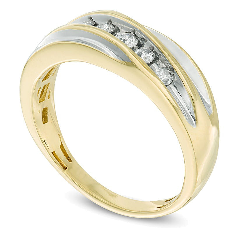 Memoire-Ring mit fünf Diamanten 0,25 ct. Gesamtgewicht diagonal gefasst in 10K Gold zweifarbig