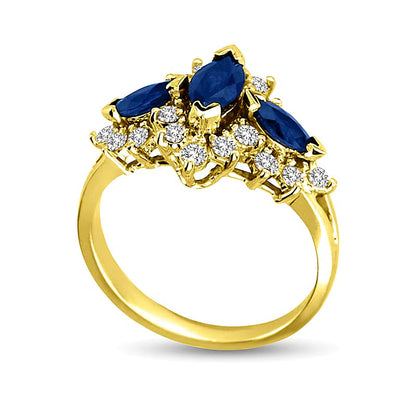 Dreistein-Ring mit blauem Saphir im Marquise-Schliff und 0.63 ct. Gesamtgewicht Diamanten in 14K Gelbgold