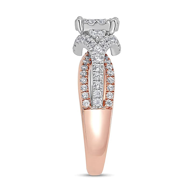 Verlobungsring mit Halo, 1.0 ct. Gesamtgewicht weißen runden Diamanten, geteilte Schiene, 14K Bicolor-Gold