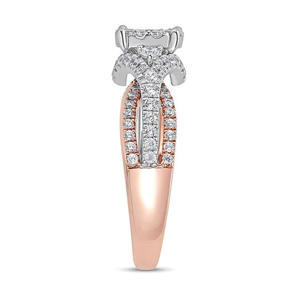 Verlobungsring mit Halo, 1.0 ct. Gesamtgewicht weißen runden Diamanten, geteilte Schiene, 14K Bicolor-Gold
