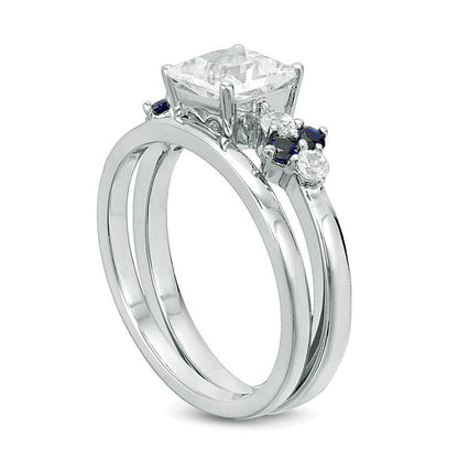 Braut-Set mit weißem und blauem Saphir (labor­gezüchtet), Princess-Schliff 5,0 mm, in rhodiniertem Sterlingsilber